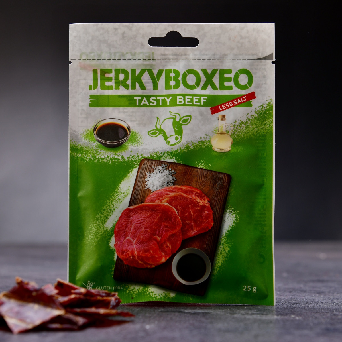 Hovězí sušené maso Jerkyboxeo s nižším obsahem soli 25 g