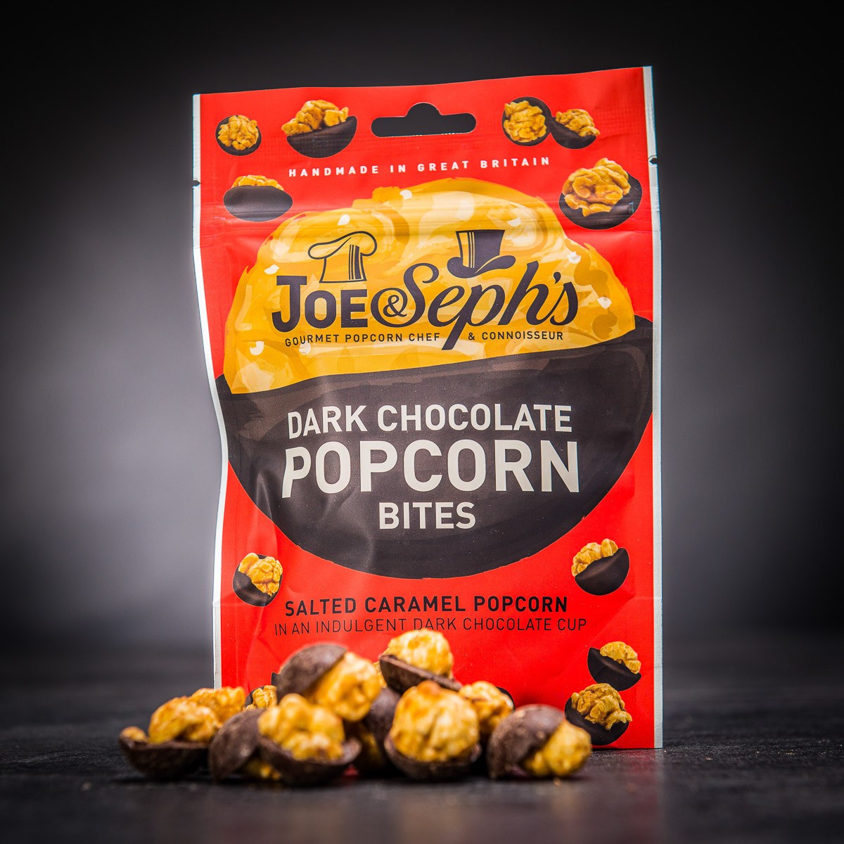 Luxusní karamelový popcorn Joe & Seph's obalený v hořké čokoládě 63 g