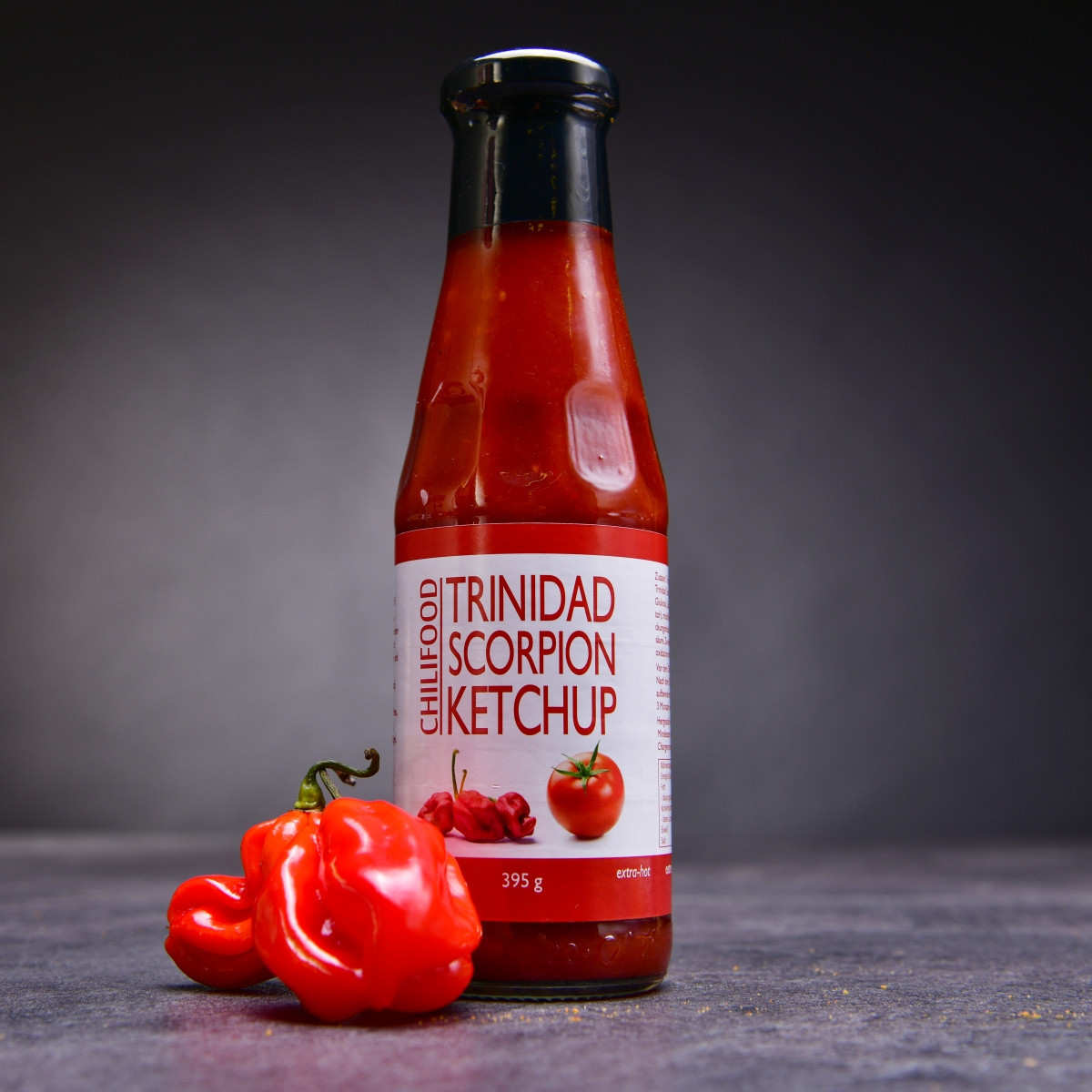 Výrazně ostrý kečup s papričkou Trinidad Scorpion 395 ml