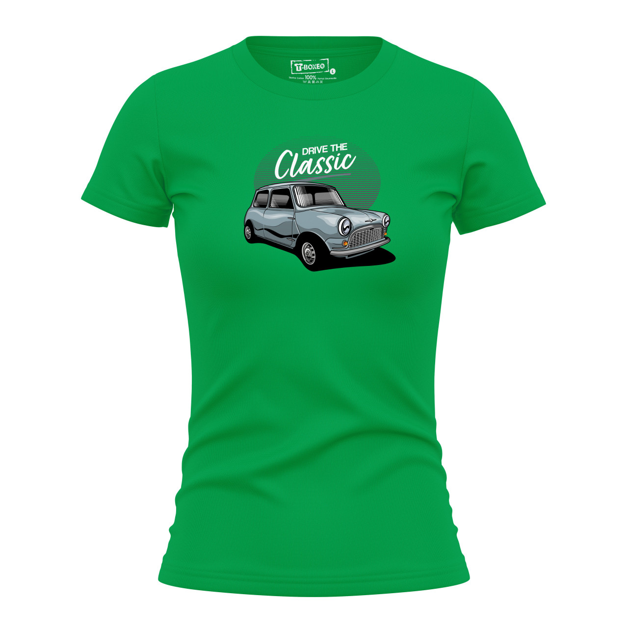 Dámské tričko s potiskem “Ride the Classic, modrý Austin mini"