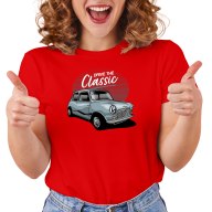 Dámské tričko s potiskem “Ride the Classic, modrý Austin mini"