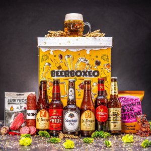 Beerboxeo - Geschenkverpackung voller Bierspezialitäten und Fleisch